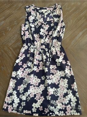 LOFT Navy Floral Sleeveless Dress with Pink & White Blossoms